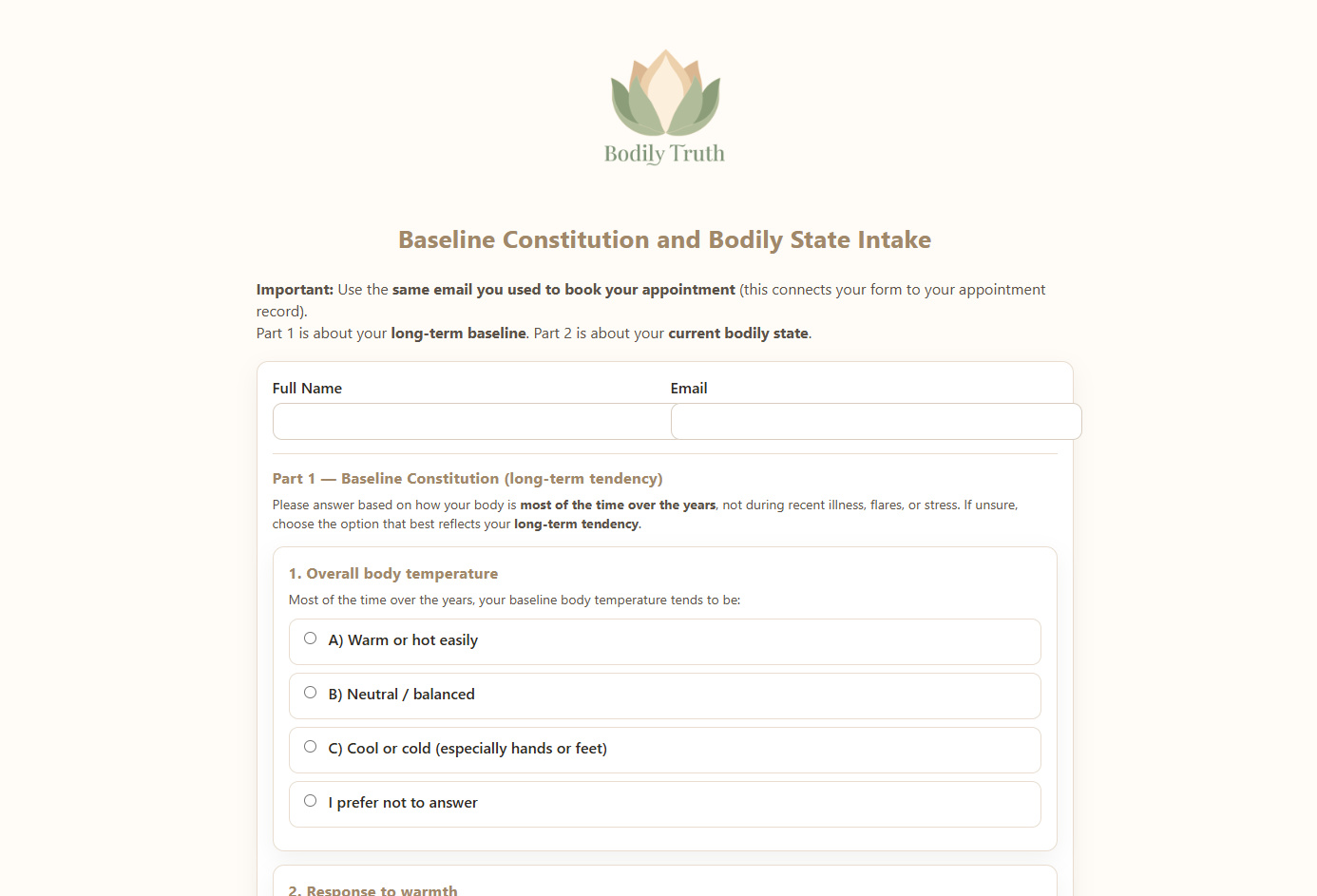 Screenshot of the Bodily Truth initial intake form showing client details and constitutional answer choices.