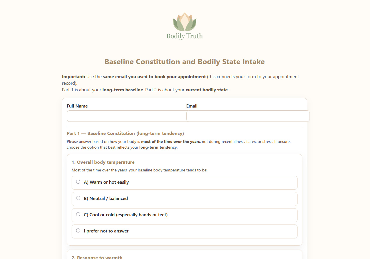 Screenshot of the Bodily Truth initial intake form showing client details and constitutional answer choices.